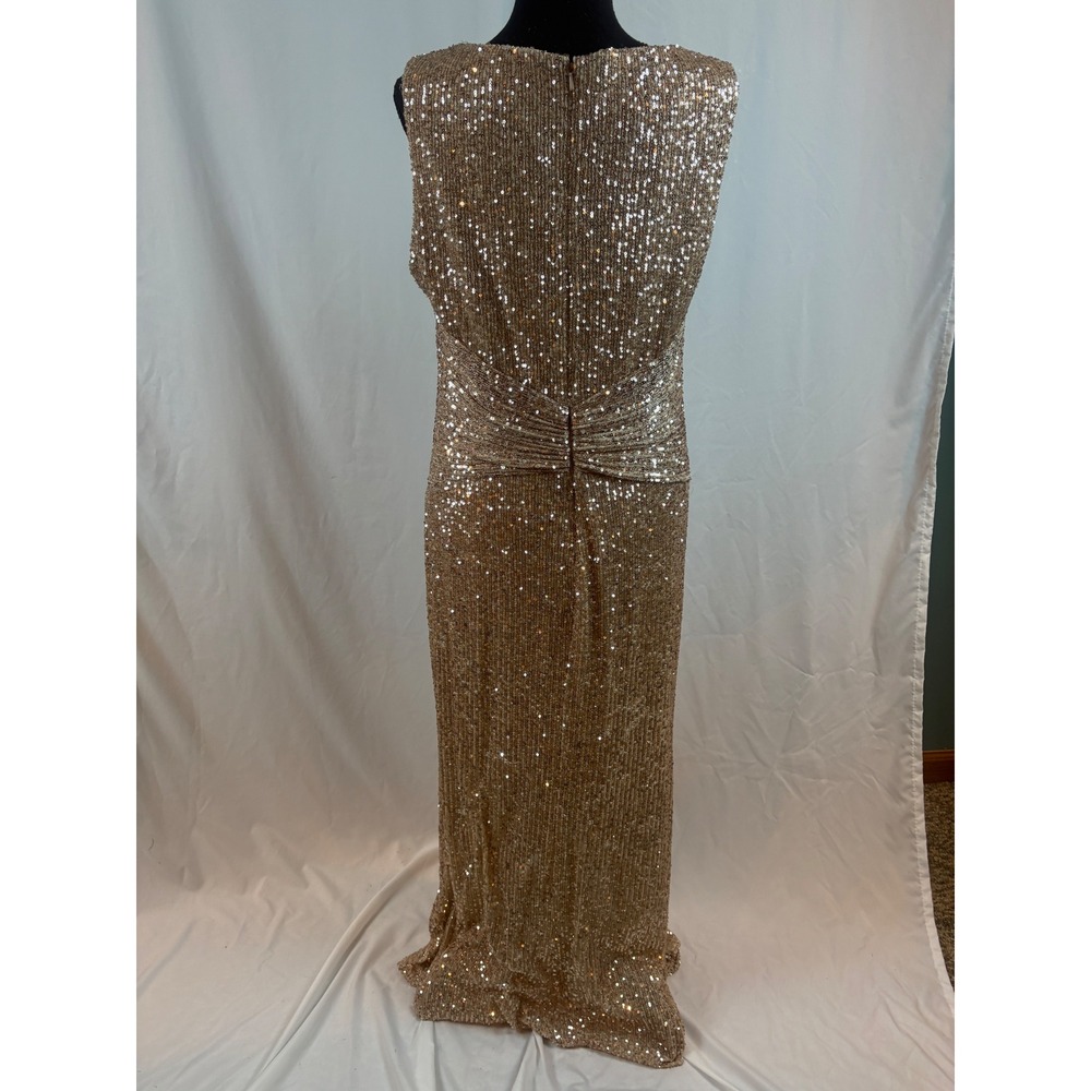 Champagne Gold Sequin Wrap V-Neck Sleeveless Maxi Evening Gown Knot Detail Dress - Picture 10 of 15